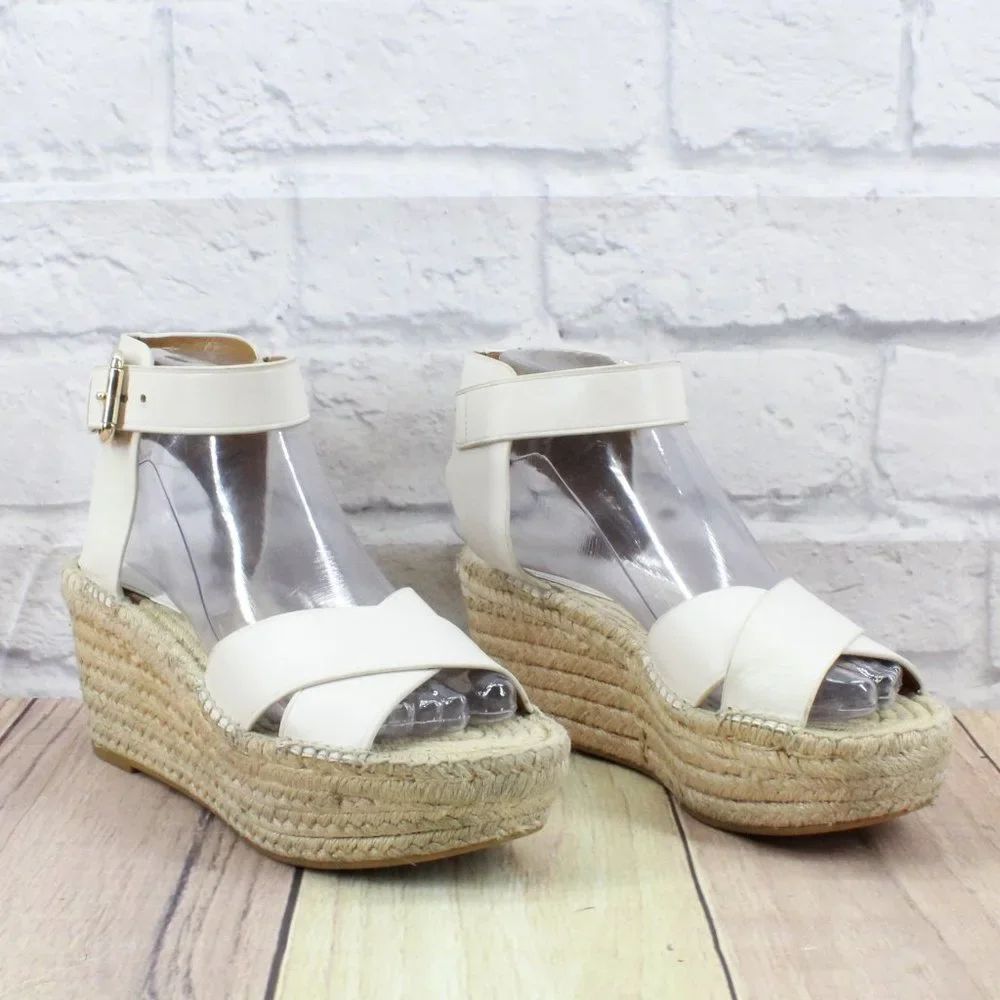 Coach White Leather Ankle Strap Platform Jute Wedge Sandals Size 6.5 B - Picture 3 of 11